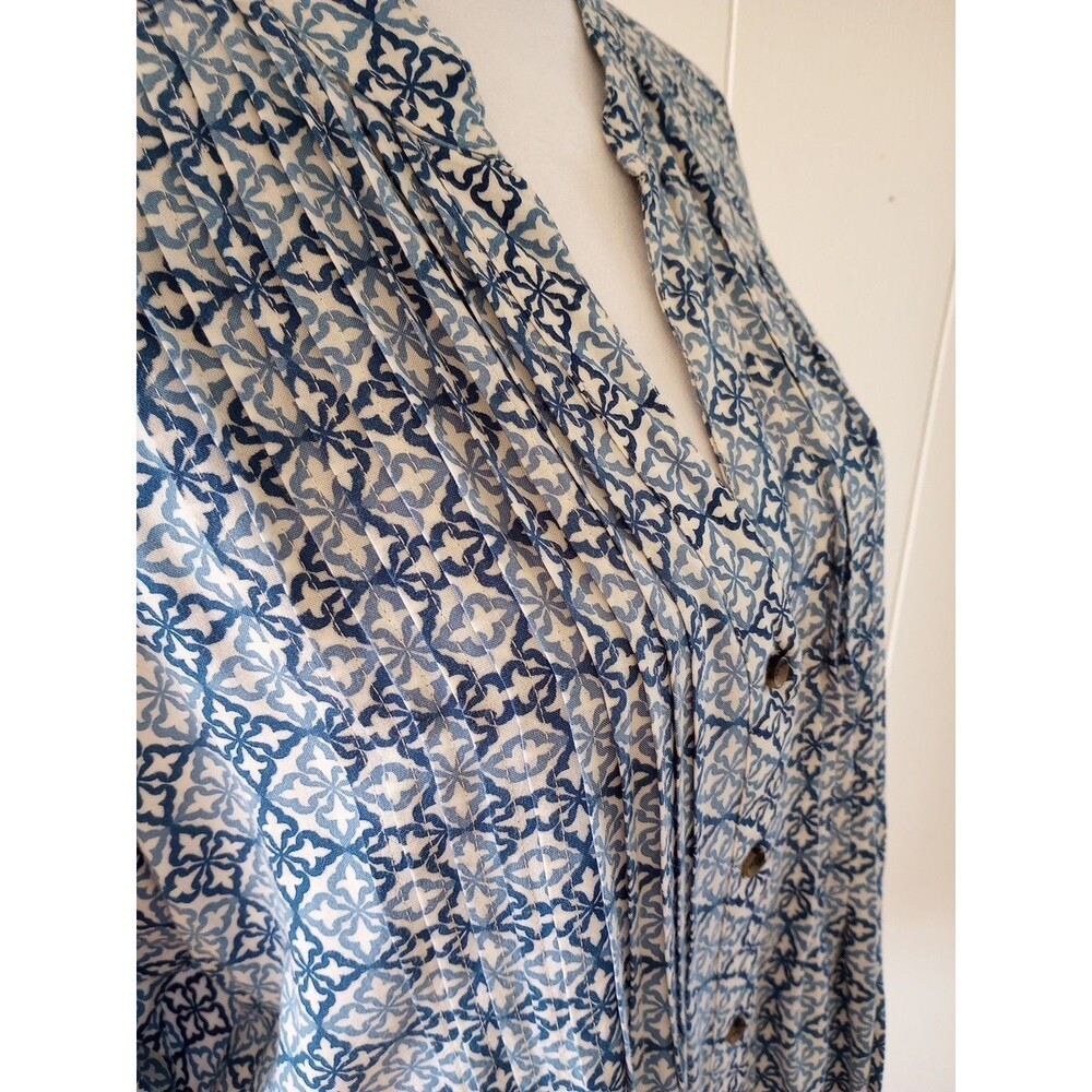 Rock Flower Paper Button Front Pintuck Shirt Blue White Floral Geometric Medium - Picture 4 of 6
